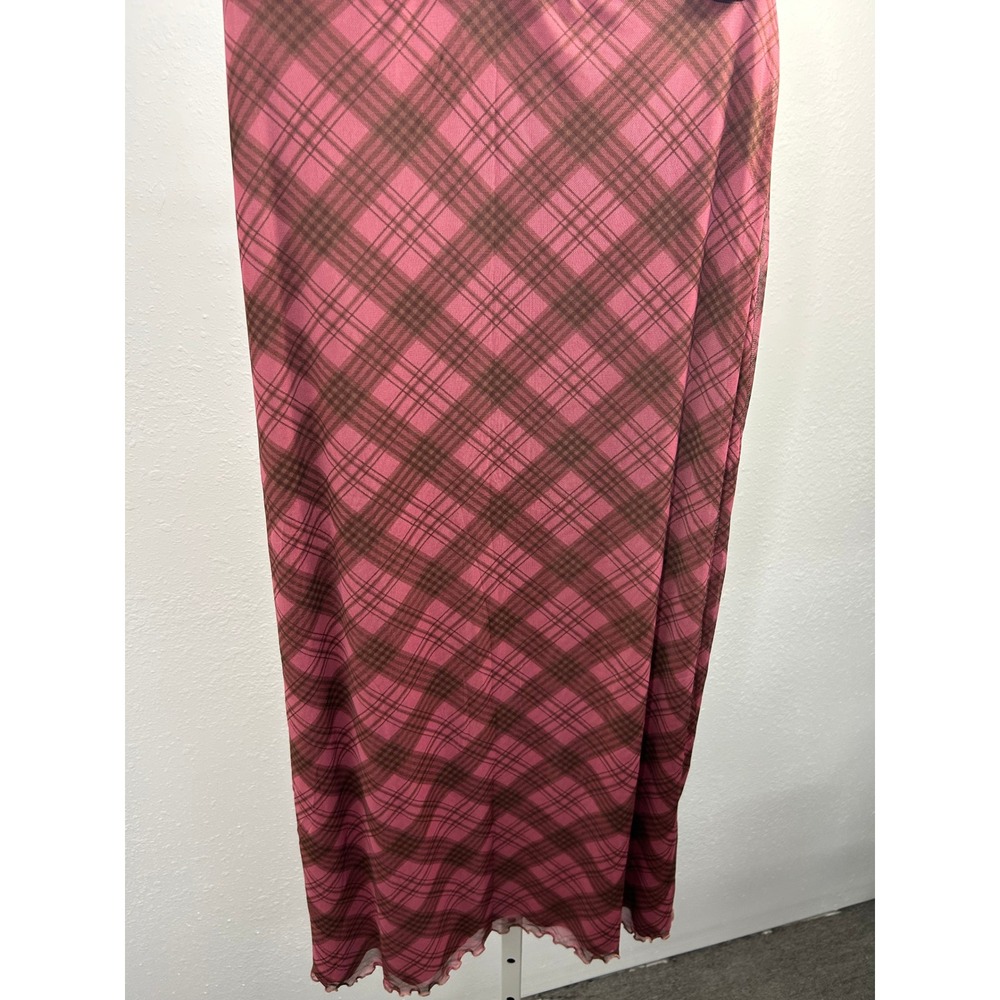 5B Style Pink Brown Plaid Mesh Midi Skirt NWT Size L Y2K Lettuce Edge Hem